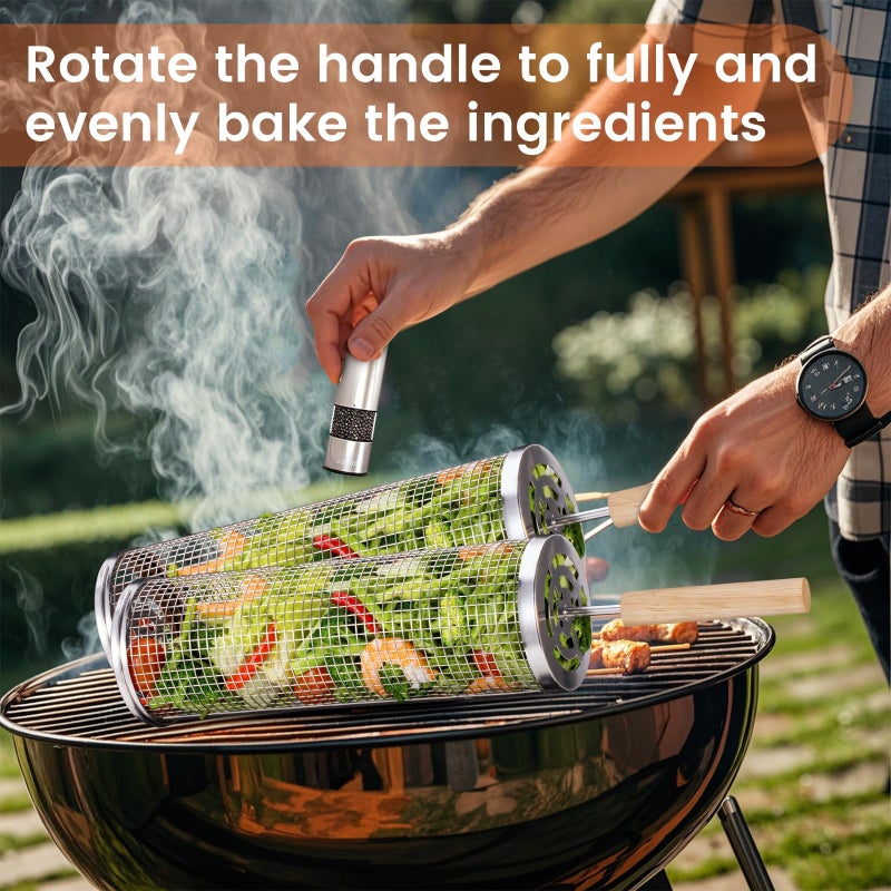 BCHWAY Nesting Grill Baskets (2 PCS)  304 Stainless Steel with Removable Wooden Handle  Rolling Grilling Net  BBQ Accessories Tools for Vegetables Shrimp  Outdoor Camping  Gifts for Men Dad and Husband - Image 4